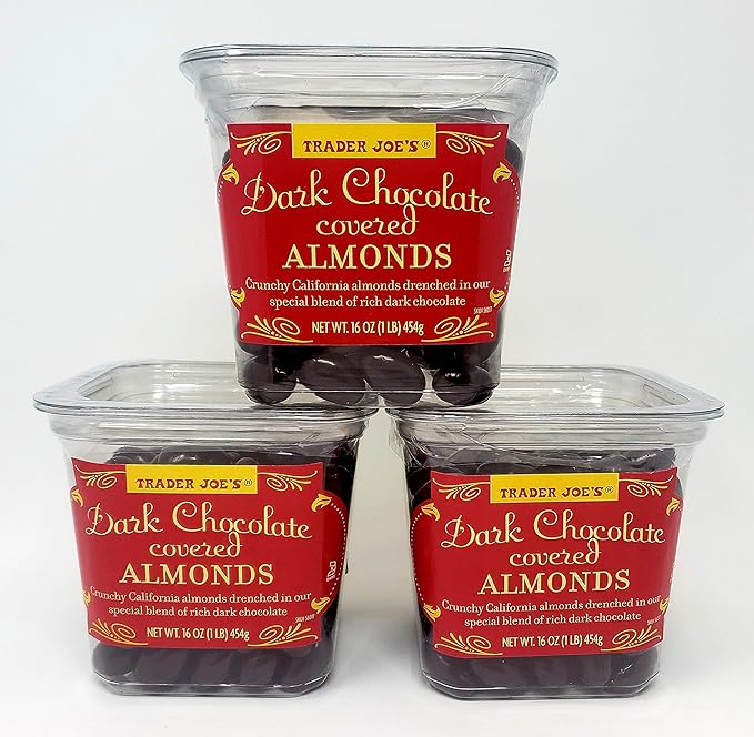 Trader Joes Dark Chocolate Covered Almonds - Pack of 3 Tubs - 16 oz per Tub