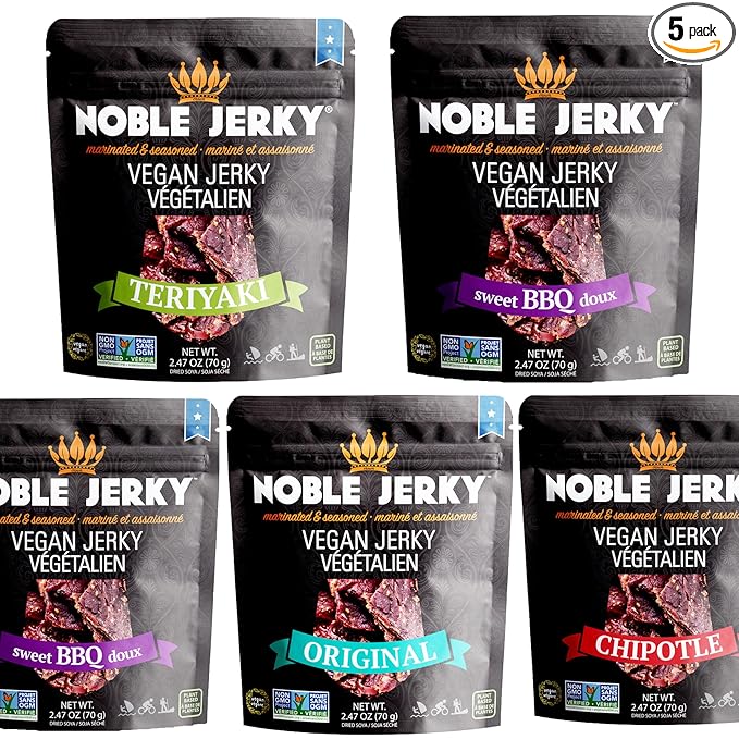Noble Jerky – Vegan Jerky Variety Pack Plant-Based High Protein Snack 14g Protein Per Bag Vegetarian Non-GMO Meat-Free 5 Pack (2.47oz Bags) (BBQ Teriyaki Chipotle Original Hickory)