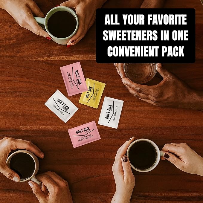 (400 total 100 each) Bolt Box Sugar &amp Sugar Substitute Packets Assorted Variety Pack (Cane Pink Saccharin Yellow Sucralose Stir Straws)