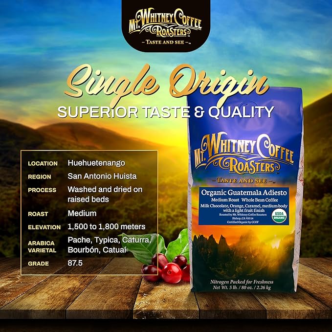 Mt. Whitney Guatemala Adiesto Cooperative Organic Low Acid - Whole Bean Coffee (Whole 5 lb)
