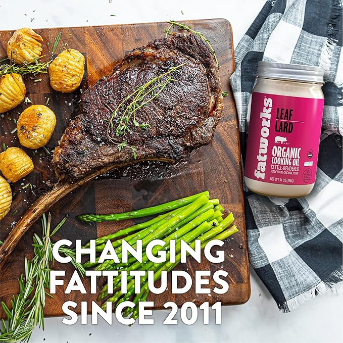 Fatworks Certified Organic Leaf Lard NON-GMO USDA 100% Organic for Amazing Traditional Baking Keto Paleo Everyday Cooking and Frying Whole30 Approved No Preservatives in Glass Jar 14 OZ