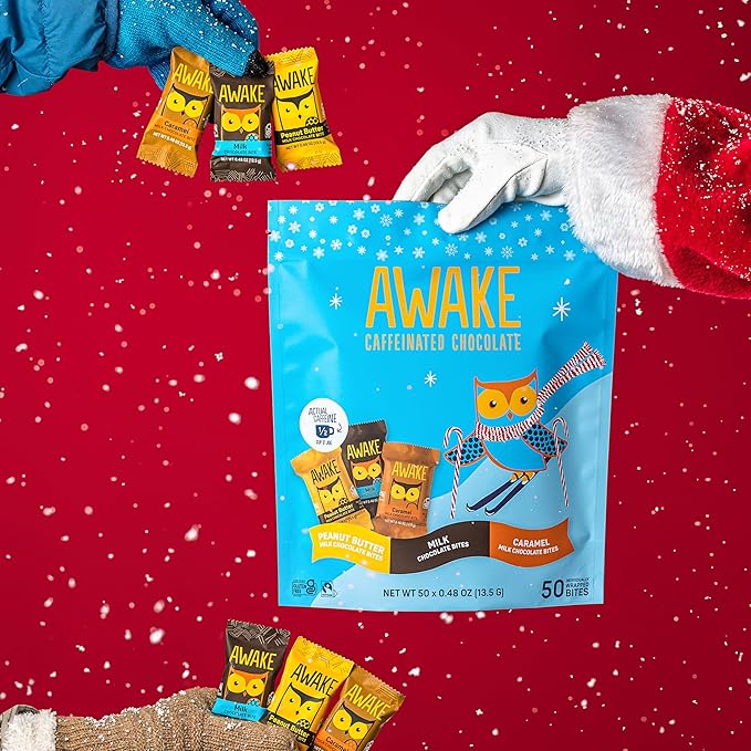 AWAKE - Caffeinated Chocolate Bites - 50mg Caffeine per bite - Winter Wake Up Variety Pack (3 Flavors) 50 Bites - Peanut Butter Milk &amp Caramel - Energy Bites - Coffee Alternative - 0.48oz each