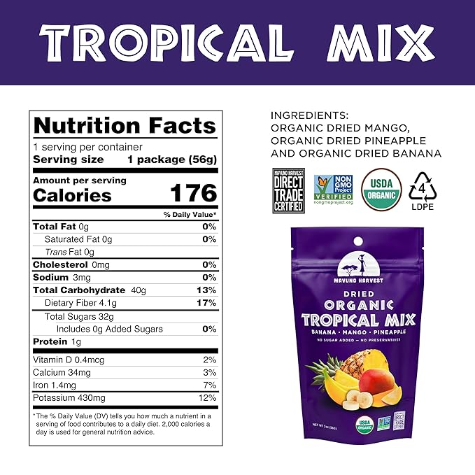 Mavuno Harvest Tropical Mix Dried Fruit Snack | Unsweetened Organic Mixed Dried Fruit | Gluten Free Healthy Snacks for Kids and Adults | No Sugar Added Vegan Non GMO | 2 Ounce Pack of 6