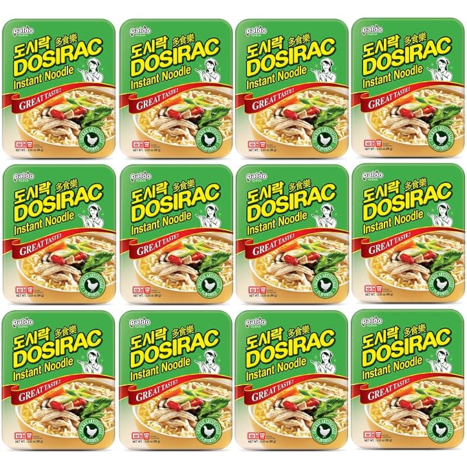 Paldo Fun &amp Yum Dosirac Chicken Noodle Soup Bowl Pack of 12 Best Oriental Style Korean Ramyun Dosiracmen Most Loved Korean Noodles Non-Spicy K-Food 팔도 도시락면 컵라면 닭고기맛 86g (3.04 oz) x 12