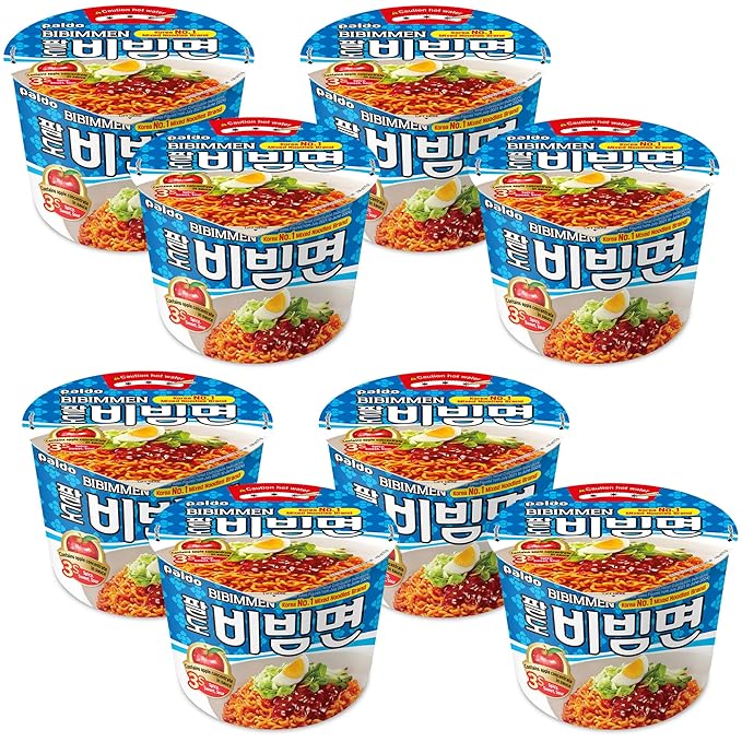 Paldo Fun &amp Yum Bibim Men Instant Cold Cup Noodles Pack of 8 Brothless Cold Ramen with Sweet &amp Spicy Seasoning Sauce Best Oriental Style Korean Ramyun Soupless K-Food 팔도 비빔면 킹컵 115g (4.05