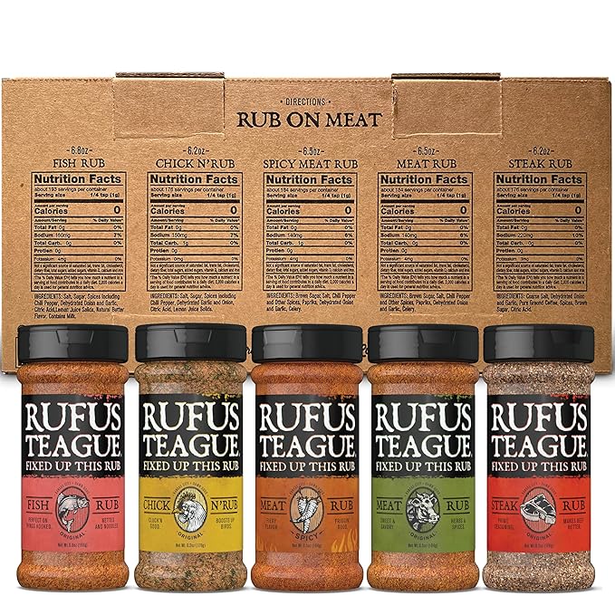 Rufus Teague BBQ Seasoning Gift Set Big Box O' Rub BBQ Dry Rub for Smoking and Grilling Meat 5 Flavor Spice Set Gifts for Men Who Like Grilling