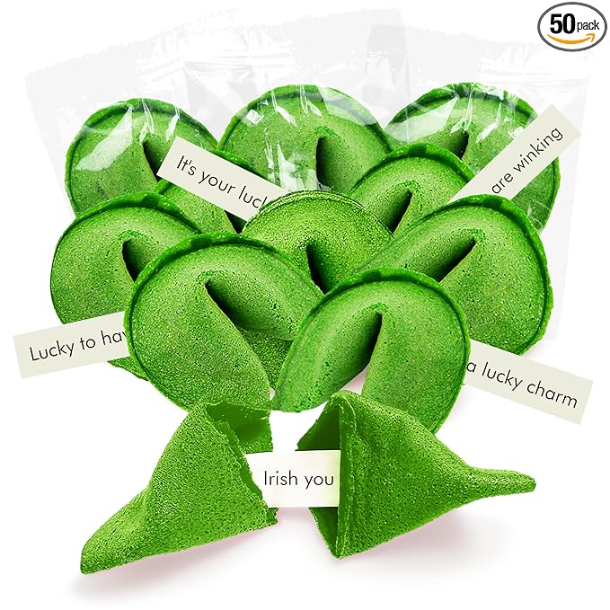 4E's Novelty St Patricks Day Fortune Cookies (50 Pack) Bulk Individually Wrapped Green Fortune Cookies With 50 Unique St Patricks Day Themed Fotune Party Favors &amp Candy Bowl Filler