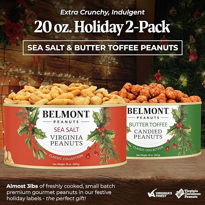 Belmont Peanuts Holiday Gift Bundle with Sea Salt and Butter Toffee Virginia Peanuts 20 oz (2 Pack) – Hand Seasoned No Preservatives Absolutely Delicious – A Secret Santa Favorite