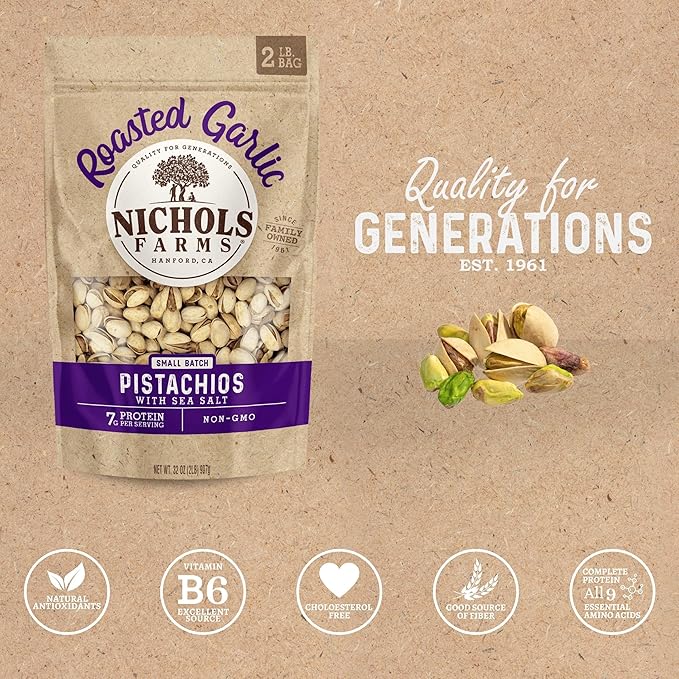 Nichols Farms California Grown Pistachios InShell Nutrient Rich Snack Packs Roasted Garlic 2LB