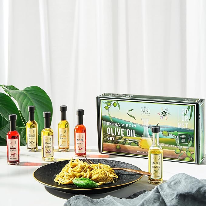Kiri &amp Sons Olive Oil Gourmet Sampler Gift Set of 6 - Premium Extra-Virgin Blend Olive Oil Made In Spain Natural Flavors Include Herbs Chili Spice Rosemary Tuscan &amp Lemon - Gifts for Her