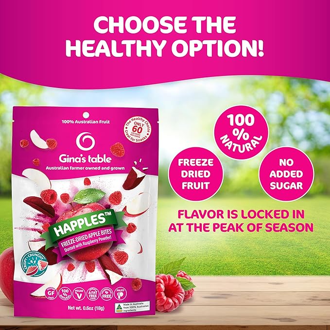 Happles Freeze Dried Apples with Raspberry Fruit Powder – 100% Natural No Added Sugar Healthy Low Calorie Apple Crisps Snack for Adults &amp Kids Gluten Free No Artificial Flavours (10 Pack)