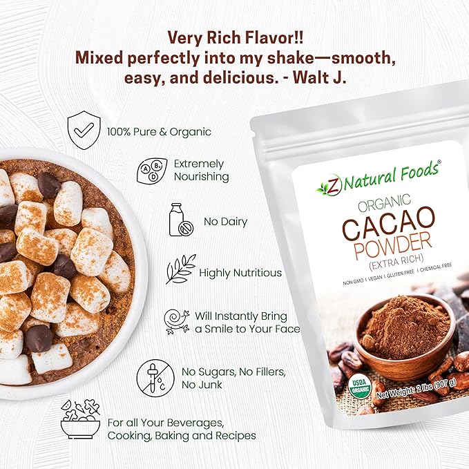 Z Natural Foods Organic Cacao Powder Nutrition-Packed Extra-Rich Dark Chocolate Flavor Perfect for Chocolate Recipes Shakes or Smoothies Non-GMO Vegan Gluten-Free Kosher 2 lbs