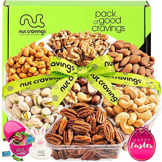 NUT CRAVINGS Gourmet Collection - Easter Treats Candies &amp Dried Fruit Nuts Gift Basket with Happy Easter Ribbon Candy Filled Egg + Bunny (7 Piece Assortment) Food Assortments