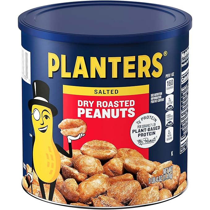 PLANTERS Salted Dry Roasted Peanuts Party Snacks Plant Based Protein 52 Oz Cannister (Pack of 2)