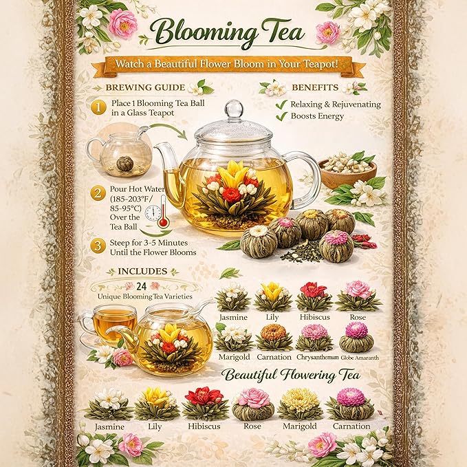 Blooming Tea &amp Edible Flower Infusions Green Tea 24 Unique Flavors Gift Set for Everyone – Natural Floral &amp Aromatic Teas in Extra Large Premium Gift Box