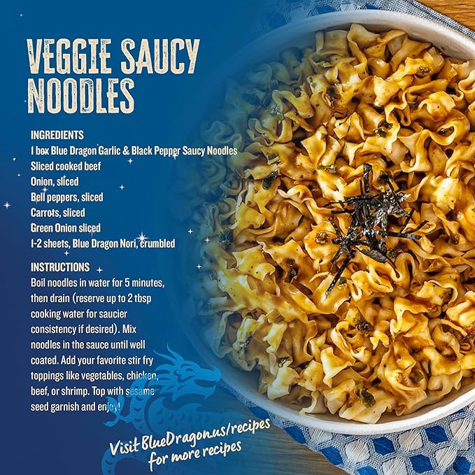 Blue Dragon Garlic &amp Black Pepper Saucy Noodles - 4.25oz (Pack of 6) - Knife Cut Air Dried Noodles w/Garlic &amp Black Pepper Sauce &amp Spring Onion Garnish - Quick &amp Easy Meal with Bold As