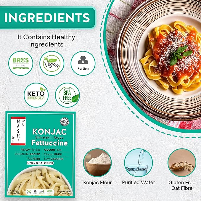 Nashi Shirataki Konjac Fettuccine Noodles - Pack of 8 | Glucomannan Premium Recipe Keto-Friendly | Low-Calorie Zero-Carb Vegan &amp Gluten-Free Odour-Free High Fiber | Ready-to-Eat Food | 53.61