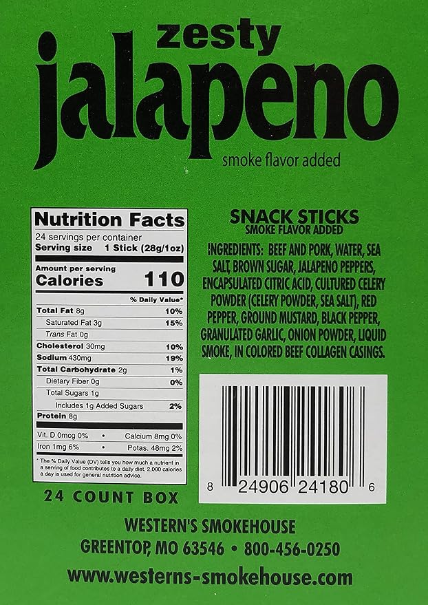 Western's Smokehouse Jalapeno Jerky Meat Sticks - 1.0 Ounce Pack of 24-110 Calories 8g Protein Gluten-Free MSG-Free Soy-Free No Nitrates