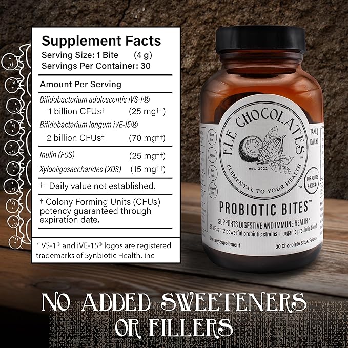 Dark Chocolate Daily Probiotic Supplement Bites 3 Billion CFUs for Digestive Gut Health Immune Support for Women Men and Kids 100% Natural and Organic Gluten-Free 2-Pack
