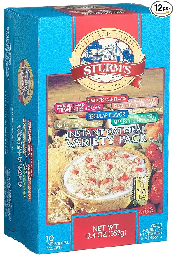 Sturm's Village Farm Instant Oatmeal Variety Pack 10 Count 12.67 Ounce Boxes (Pack of 12)