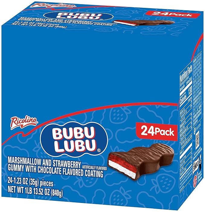 Ricolino Bubulubu Marshmallow with Strawberry Artificially Flavored Gummy with Chocolate Flavored Coating Bar 1 Pound 13.52 Ounces 24 Count Box