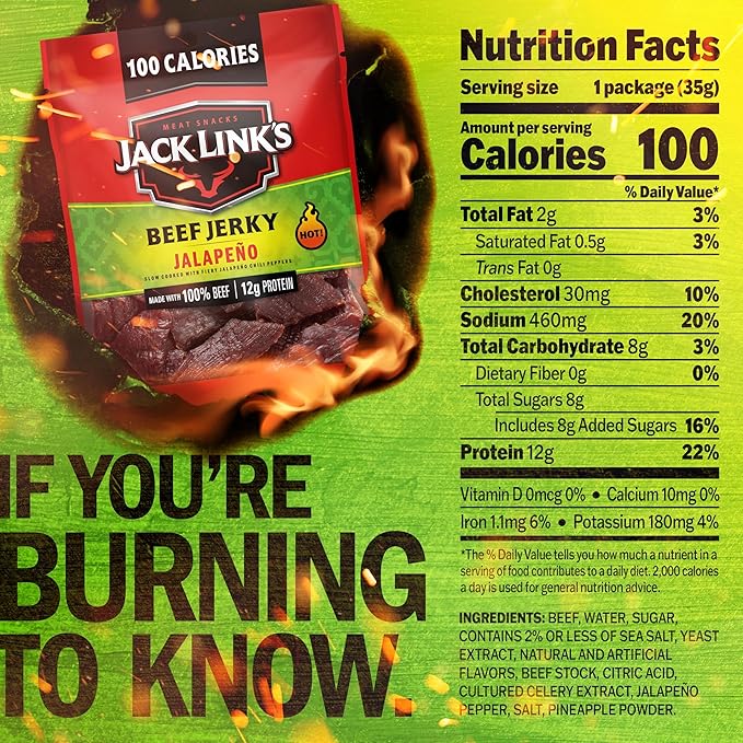 Jack Link's Jalapeño Beef Jerky Multipack - (10 Pack) 1.25 oz Bags - Ready to Eat Real Meat Protein Snacks - 12g Protein per Serving - Made with 100% Real Beef