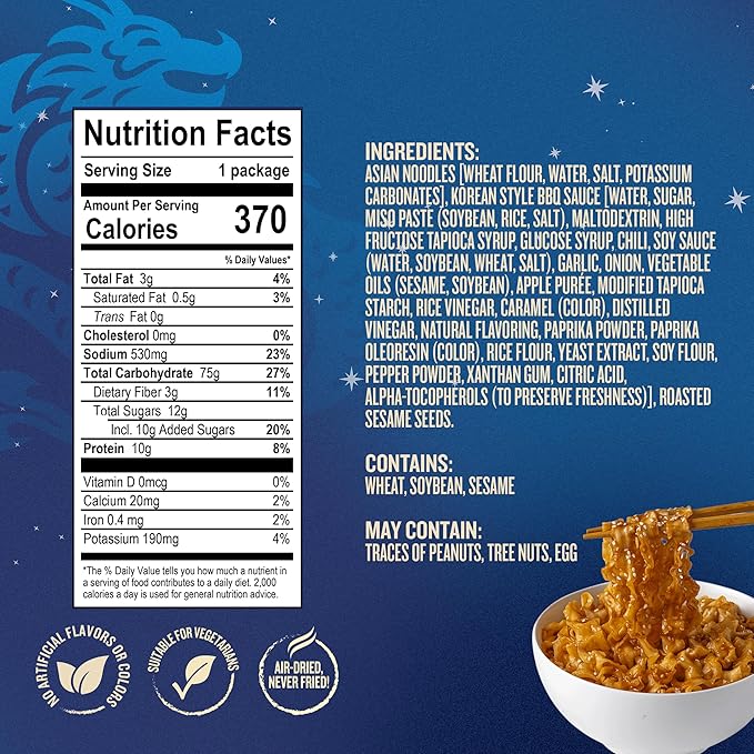 Blue Dragon Korean BBQ Saucy Noodles - 4.2oz (Pack of 6) - Knife Cut Thick Noodles w/Korean BBQ Sauce &amp Sesame Seed Garnish - Quick &amp Easy Meal with Bold Asian Flavors - Vegetarian Friendly