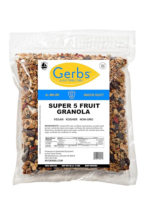 Gerbs Super 5 Fruit Granola 2 LBS - Top 14 Food Allergy Free &amp Non GMO - Unsulfured &amp Keto Safe - Cranberry Blueberry Goji Berry Cherry Raisin