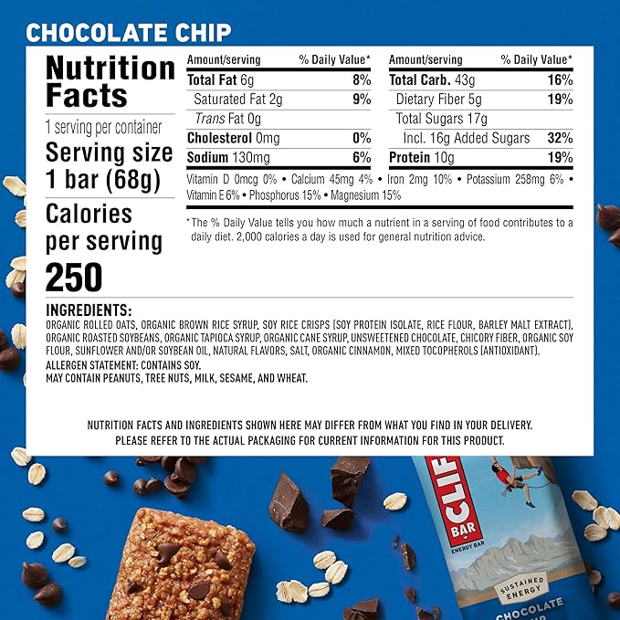 CLIF BAR - Crunchy Peanut Butter + Chocolate Chip - Made with Organic Oats - 11g Protein - Non-GMO - Plant Based - Energy Bars - 2.4 oz. (30 Count)