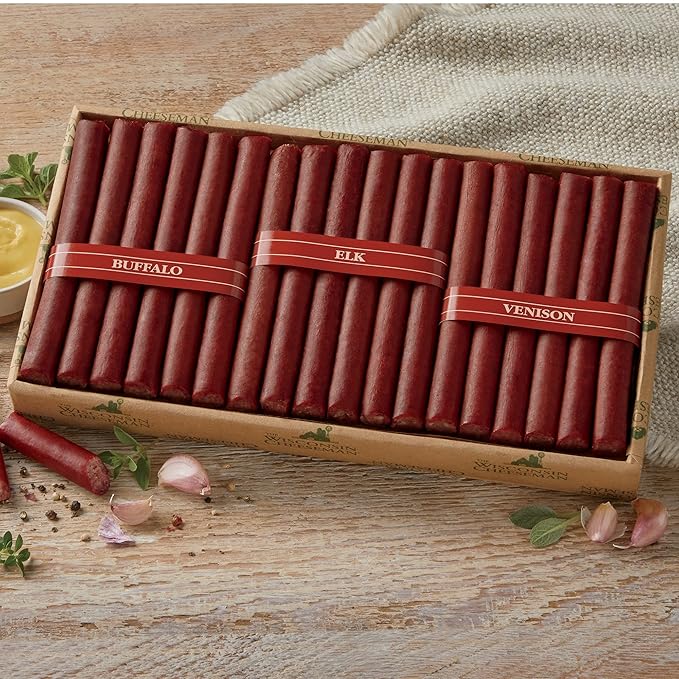 The Wisconsin Cheeseman Wild Game Sticks – Variety Meat Sticks Featuring Buffalo Elk and Venison with Pork and Beef Blend – Exotic Meats Gift Packages for Men – Holiday Snack