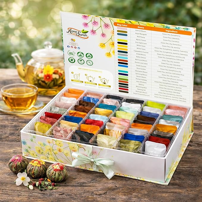 Blooming Tea &amp Edible Flower Infusions Green Tea 24 Unique Flavors Gift Set for Everyone – Natural Floral &amp Aromatic Teas in Extra Large Premium Gift Box