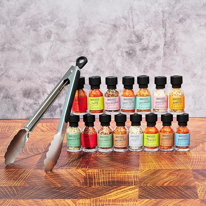 Smokehouse by Thoughtfully Grilling Spices BBQ Set Includes BBQ Tongs Magnet and 15 Flavorful Seasoning and Rubs - Great Gift for Holiday Men Dad Husband