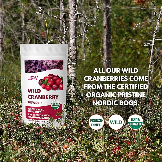 Organic Freeze-Dried Cranberry Powder – Pure 100% Natural Wild Whole Fruit Certified Organic from Nordic Forests – Non-GMO No Added Sugar – 3.2oz (18 Servings)