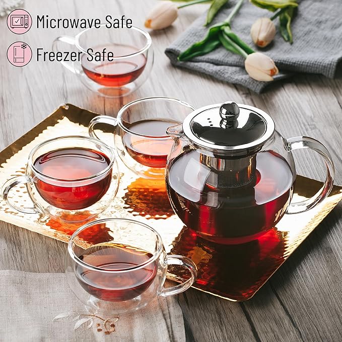BTaT- Glass Tea Pot Set Set of 4 Double Wall Glass Tea Cup and Kettle with Infuser