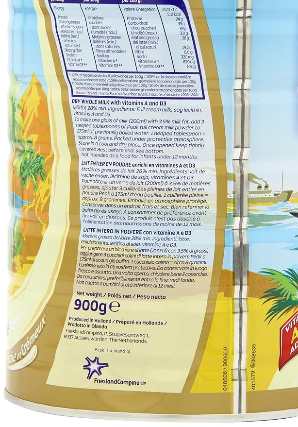 Peak Whole Milk Powder 2 Pound (900g) Can - European Milk from Holland rBST Free Full Rich Flavor Dissolves Instantly Long Shelf Life Premium Full Fat Quality