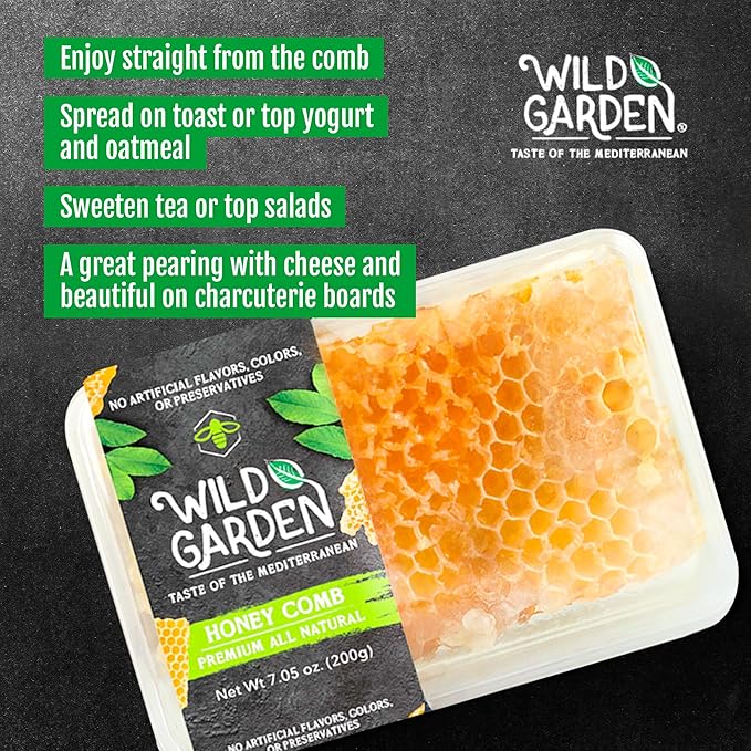 Wild Garden 100% Pure Bee Honeycomb 7.05 Oz - No Additives No Preservatives Fresh From The Farm! 7.05 oz Pack of 3 - Perfect for Toast &amp Tea - Health-Conscious Treat