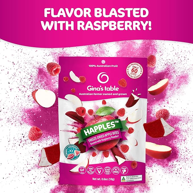 Happles Freeze Dried Apples with Raspberry Fruit Powder – 100% Natural No Added Sugar Healthy Low Calorie Apple Crisps Snack for Adults &amp Kids Gluten Free No Artificial Flavours (10 Pack)