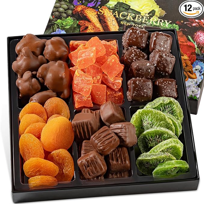 12-Pack Snackberry Premium Fruit &amp Chocolate Gift Box – Assortment with Chocolate Pecans Dried Apricots Kiwi Slices Papaya Sea Salt Caramels &amp Milk Chocolate Caramels – Perfect for Gifting