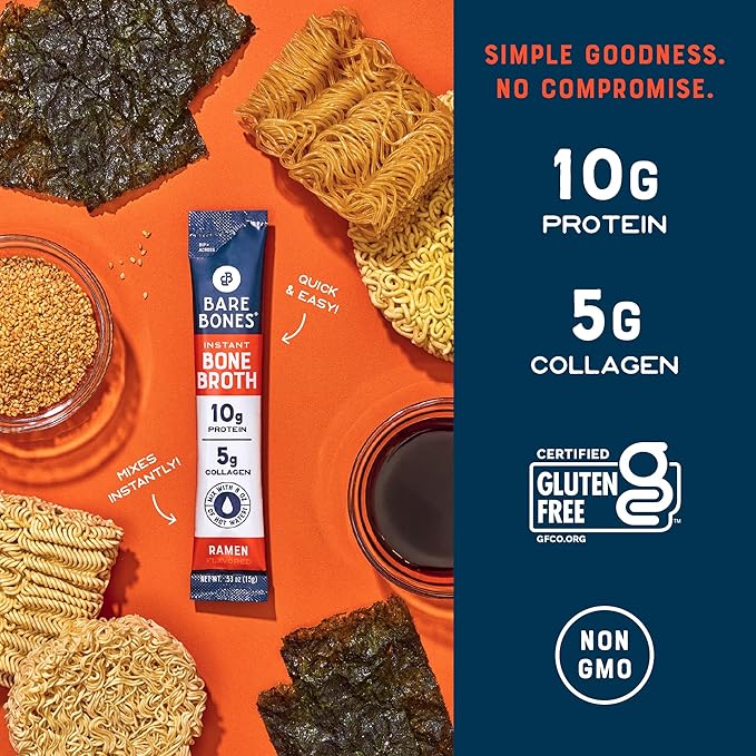Bare Bones Ramen Bone Broth Instant Powdered Mix Packets | 5g Collagen | 10g Protein | Keto &amp Paleo Friendly | No Artificial Flavors | Non-GMO Gluten-Free Dairy-Free Rich Savory on-the-go 16 Pac