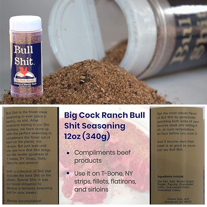Big Cock Ranch Gourmet Seasoning Bundle All-Purpose Special Shit 13oz Bull Shit for Steak 12oz Good Shit Sweet N' Salty 11oz and Chicken Shit 12oz Gluten-Free and No MSG
