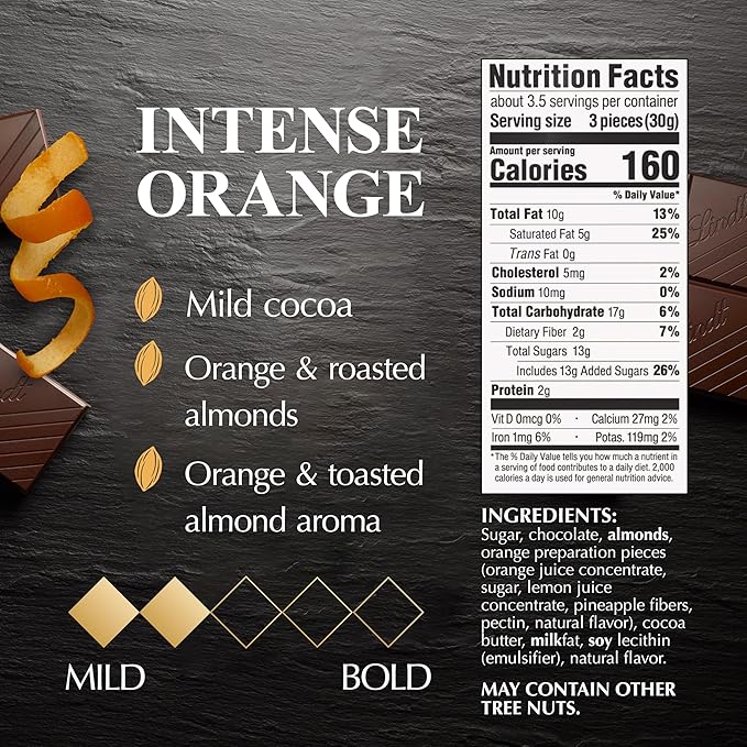 Lindt EXCELLENCE Intense Orange Dark Chocolate Bar Dark Chocolate Candy with Orange and Almond Slivers 3.5 oz. (12 Pack)