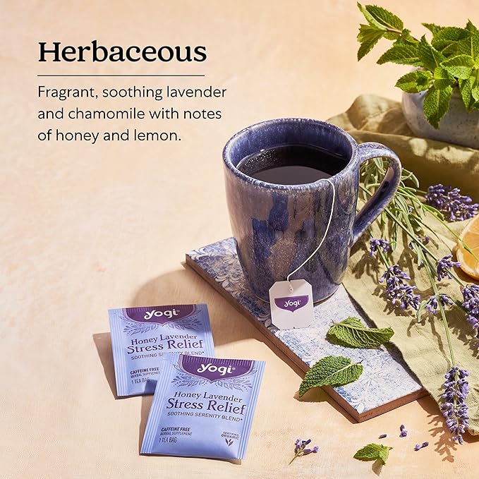 Yogi Tea Honey Lavender Stress Relief Tea - 16 Tea Bags per Pack (6 Packs) - Organic Chamomile Lavender Tea - Includes Lemon Balm Lemongrass Spearmint Leaf Peppermint Leaf Honey Flavor &amp More