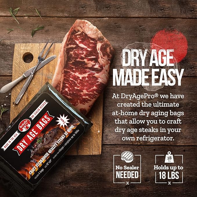 DryAgePro® Dry Age Bags for Meat 12” x 24” Bags for Ribeye and Striploin up to 18 lbs Pack of 5 No Vacuum Sealer Needed Easy-to-Use Steak Aging Kit