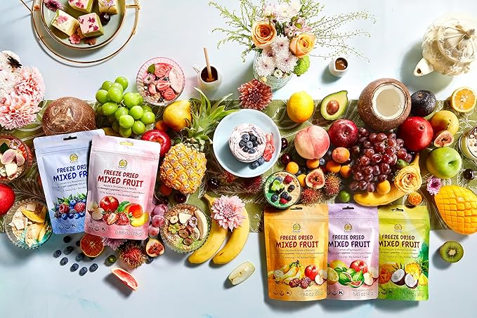 SUNGIVEN Freeze-Dried Fruit Party with 10+ Fruits Mixed Fruits Variety Pack of 5 Bag 7.06 oz Health Snack Fruit Crisps Freeze Dried Apple Strawberry Berries Lemon Coconut Fig Mango Pineapple No