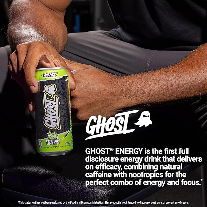 GHOST Energy Drink - 12-Pack Electric Limeade 16oz Cans - Energy &amp Focus &amp No Artificial Colors - 200mg of Natural Caffeine L-Carnitine &amp Taurine - Gluten-Free &amp Vegan