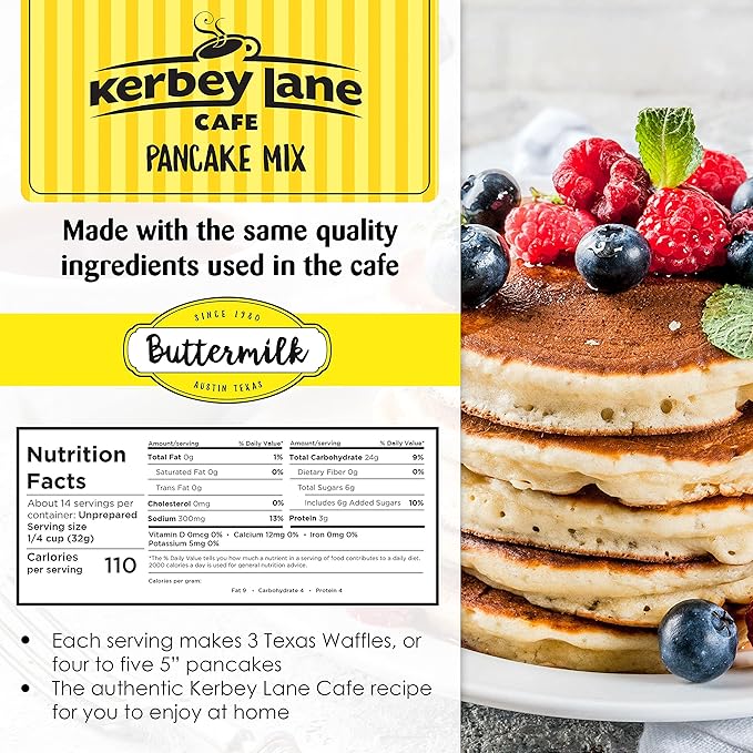 Kerbey Lane Cafe Buttermilk Pancake Mix – Easy to Make Mouth Watering Recipe for Light and Fluffy Pancakes Waffles Flapjacks Muffins Cookies. Stay Fresh Resealable Bag (4 Lbs Pack of 1)
