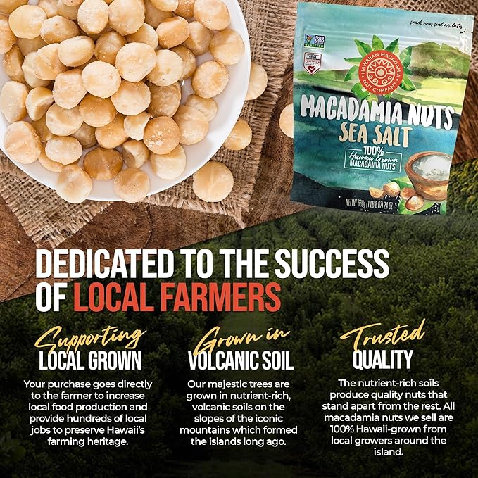 Hawaiian Macadamia Nut Company Dry Roasted Macadamia Nuts with Sea Salt 24 Oz Source of Fiber Gluten-Free and Certified Non-GMO Premium Quality Crunchy and Delicious