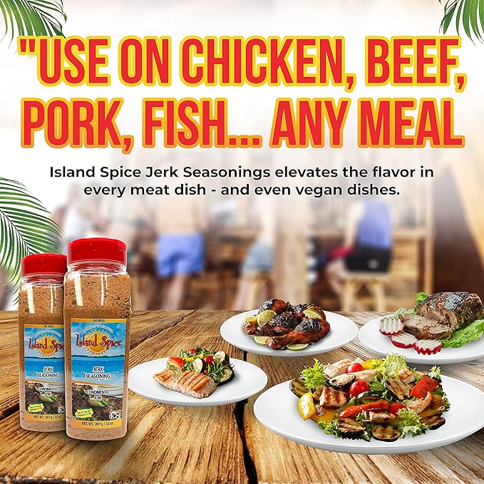 Island Spice Jerk Seasoning 32 ounces - Gluten-Free Vegan-Friendly Dry Rub with Real Jamaican Pimento - Authentic Jerk Flavors and Spice Blend - Use on Chicken Pork Beef Seafood and Vegan Dishes