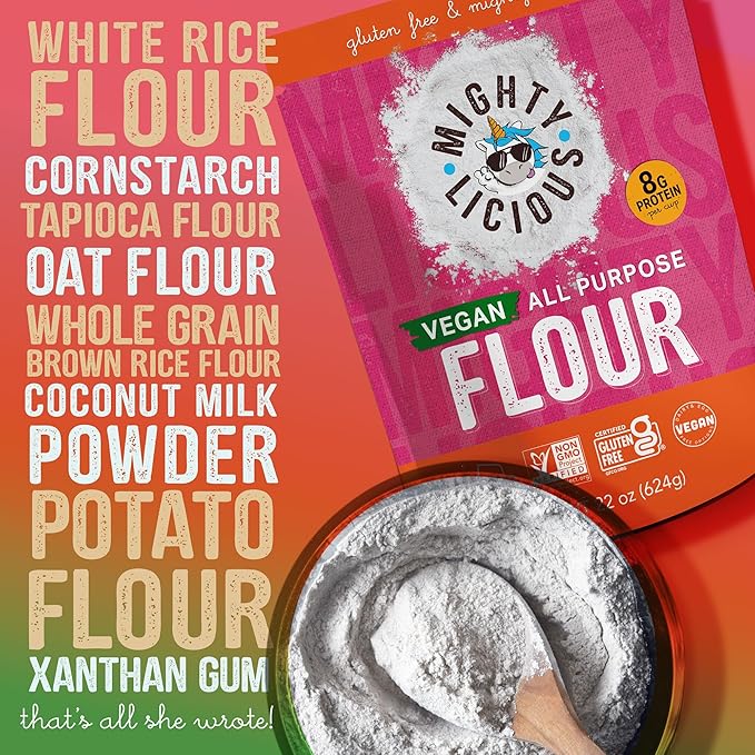 Mightylicious All-Purpose Flour (Plant Based)- Superfine Rice Flour - Gluten-Free - Allergen Friendly - Non-GMO - Ideal for Baking Cooking &amp Topping for Cakes Bread Muffins - 3-Pack (66oz Tota