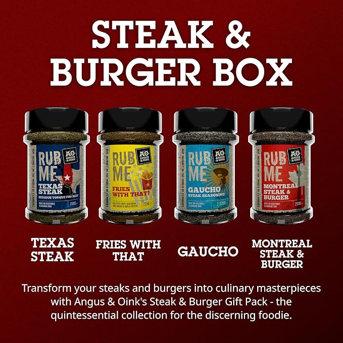 Angus &amp Oink Gift Set | Steak &amp Burger Gift Box | 1 x Texas Steak SPG 250G | 1 x Fries With That? 225G | 1 x Gaucho Chimmichuri Seasoning 220G | 1 x Montreal &amp Burger 250G | BBQ Seasonings